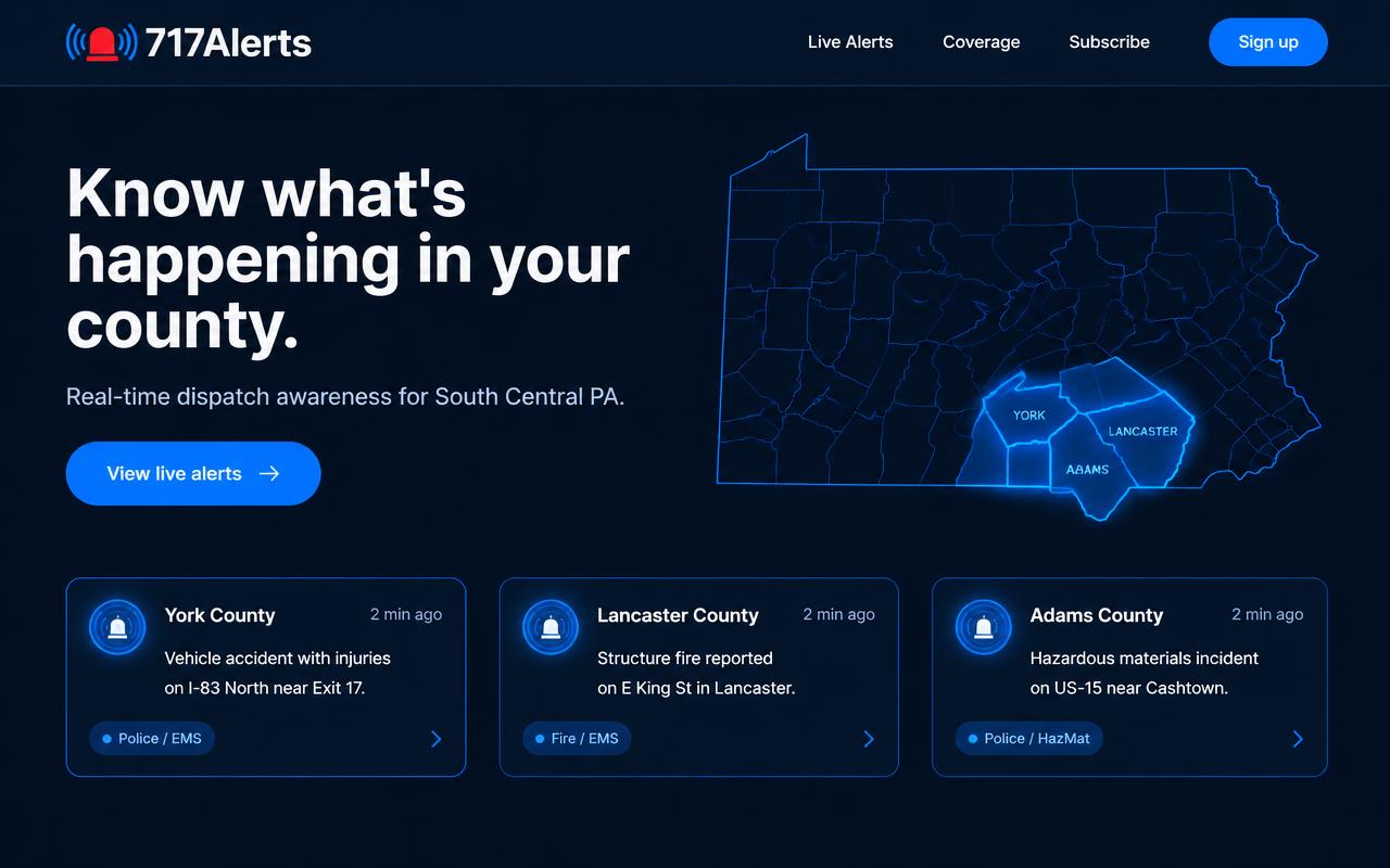 717Alerts website showing live dispatch alerts for South Central PA counties